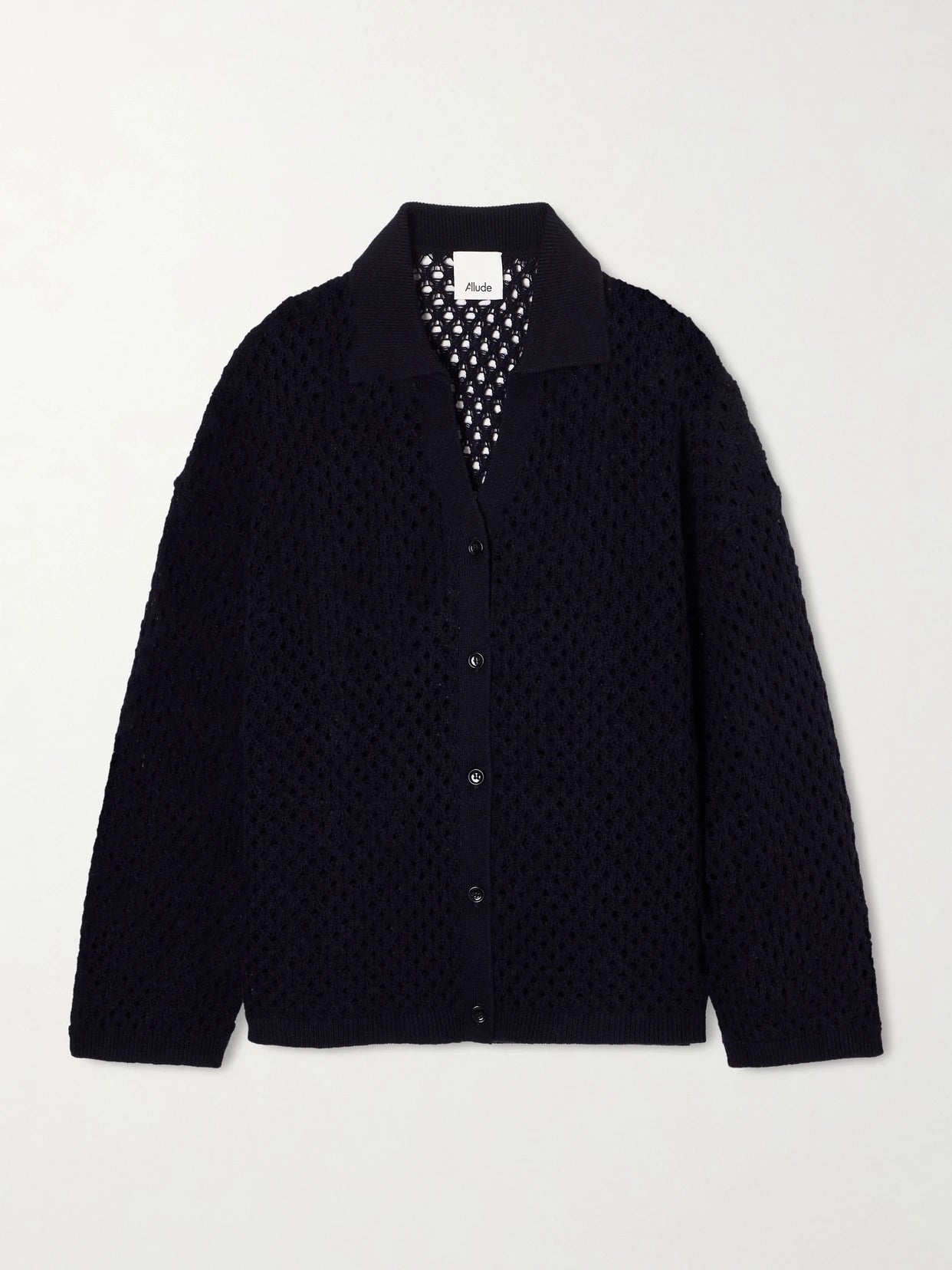 Image of a model wearing Outerwear. Product name - Open-knit Wool And Cashmere-blend Overshirt in Black colour by brand - Allude