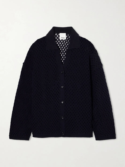 Image of a model wearing Outerwear. Product name - Open-knit Wool And Cashmere-blend Overshirt in Black colour by brand - Allude