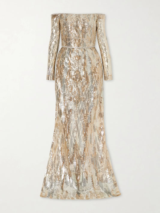 Off-the-shoulder Sequined Silk-blend Gown
