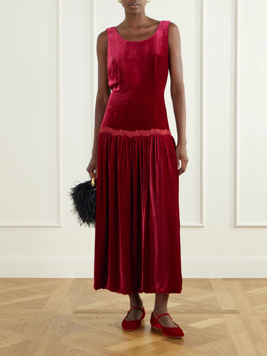 Image of Dresses. Product name - Estela Open-back Lace-trimmed Velvet Maxi Dress in Red colour by brand - Loretta Caponi