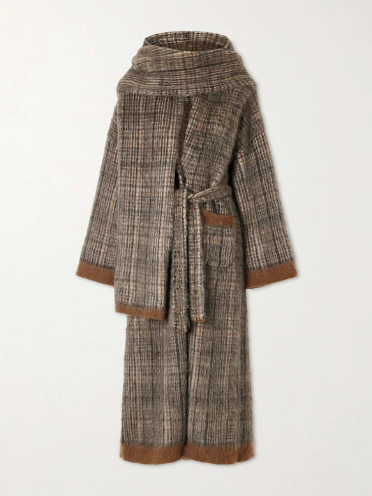Image of Coats & Jackets. Product name - Scarf-detailed Belted Checked Brushed Wool-blend Coat in Gray colour by brand - Brunello Cucinelli