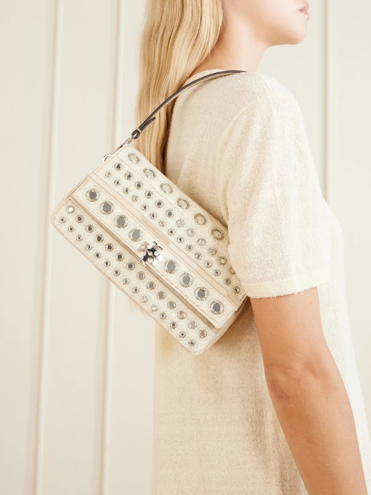 Image of Bags. Product name - Charlie Embellished Embroidered Canvas Shoulder Bag in Cream colour by brand - Tory Burch