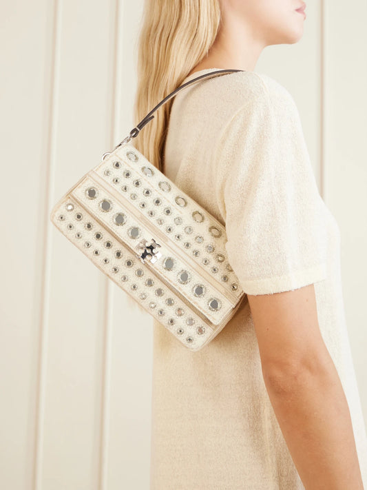 Image of Bags. Product name - Charlie Embellished Embroidered Canvas Shoulder Bag in Cream colour by brand - Tory Burch