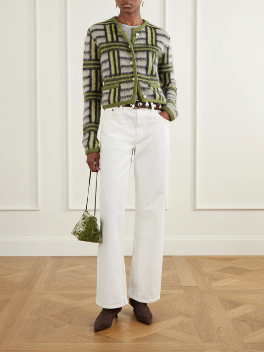 Image of a model wearing Outerwear. Product name - Check Wool-blend Cardigan in Light green colour by brand - La DoubleJ