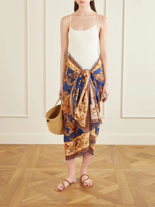 Image of Scarves & Shawls. Product name - Frayed Printed Cotton Pareo in Navy colour by brand - Zimmermann
