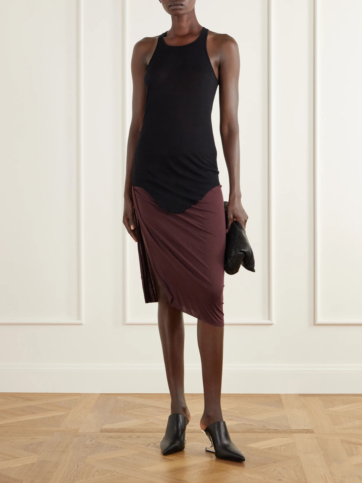 Image of a model wearing Skirts. Product name - Edfu Asymmetric Gathered Jersey Midi Skirt in Merlot colour by brand - Rick Owens