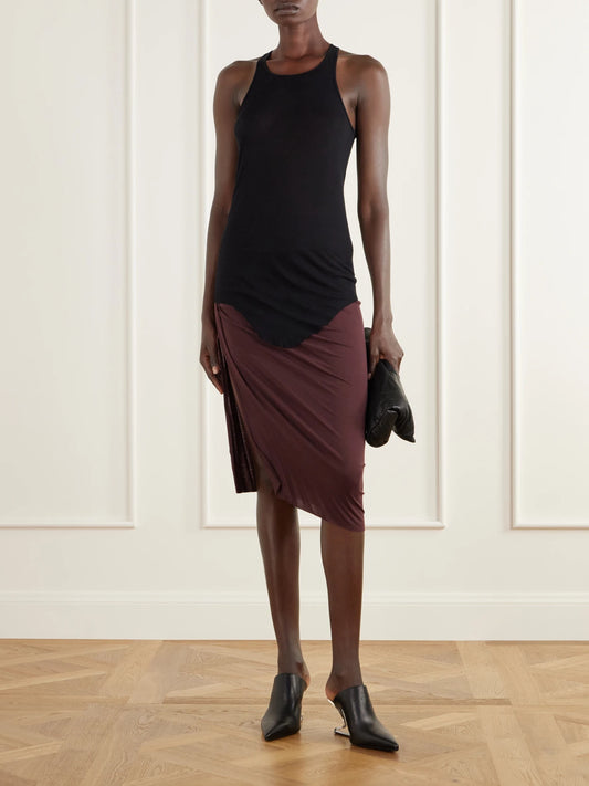 Image of a model wearing Skirts. Product name - Edfu Asymmetric Gathered Jersey Midi Skirt in Merlot colour by brand - Rick Owens