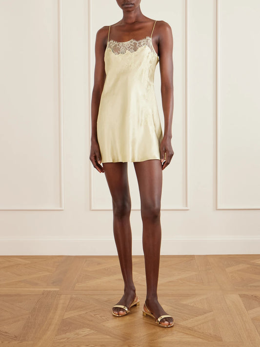 Image of Lingerie. Product name - Lace-trimmed Silk-satin Slip in Lime green colour by brand - Carine Gilson
