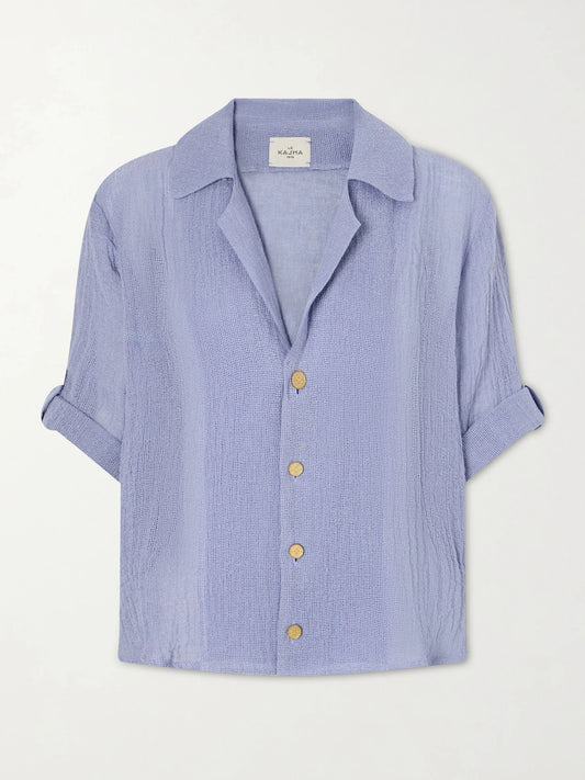 Image of a model wearing Tops. Product name - Minqar Linen Shirt in Blue colour by brand - Le Kasha