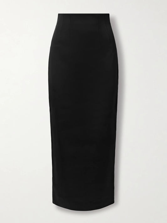 Image of a model wearing Skirts. Product name - Loxley Satin-crepe Maxi Skirt in Black colour by brand - KHAITE