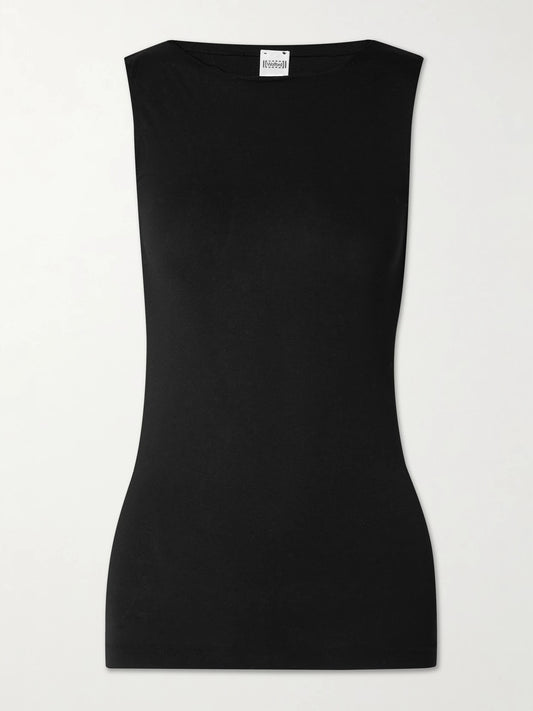 Image of a model wearing Tops. Product name - Aurora Modal-blend Jersey Tank in Black colour by brand - Wolford