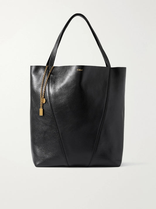 Spin Embellished Paneled Textured-leather Tote