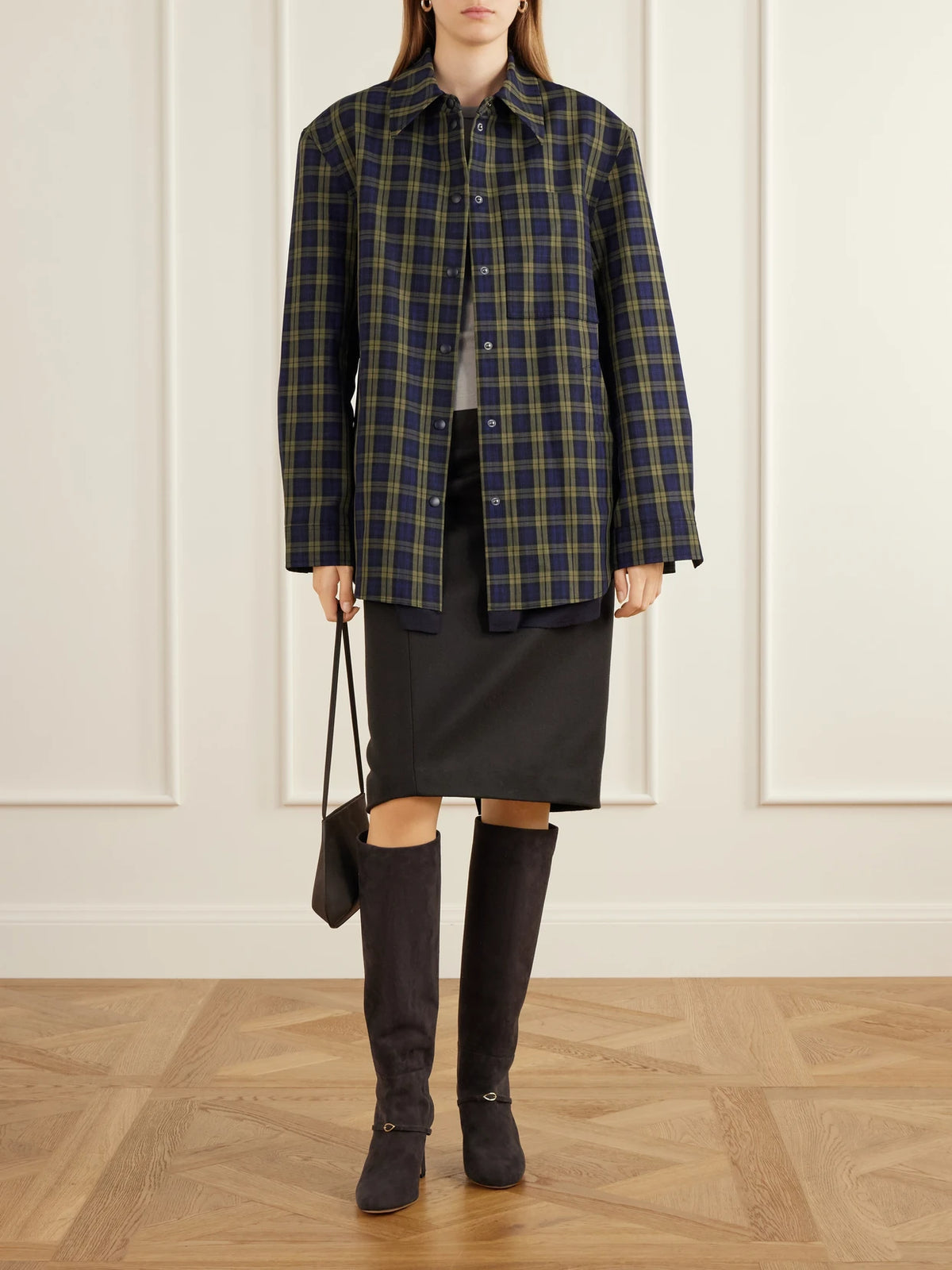 Image of Boots. Product name - Samuele 85 Suede Knee-high Boots in Gray colour by brand - Jennifer Chamandi