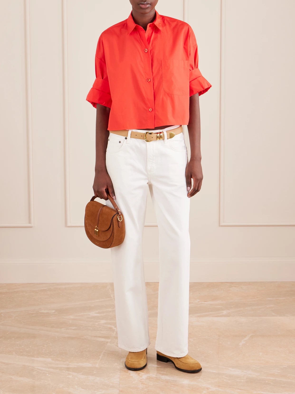 Image of a model wearing Tops. Product name - Next Ex Cropped Cotton Shirt in Tomato red colour by brand - TWP