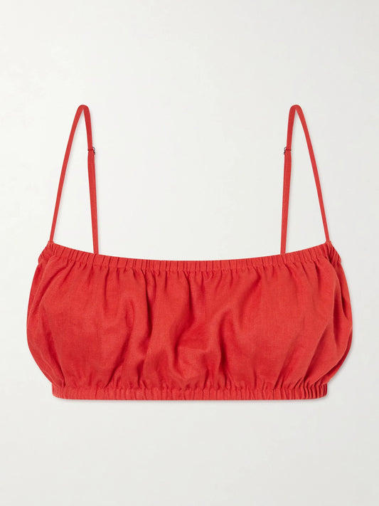 Image of a model wearing Tops. Product name - Fiore Linen Top in Red colour by brand - STAUD