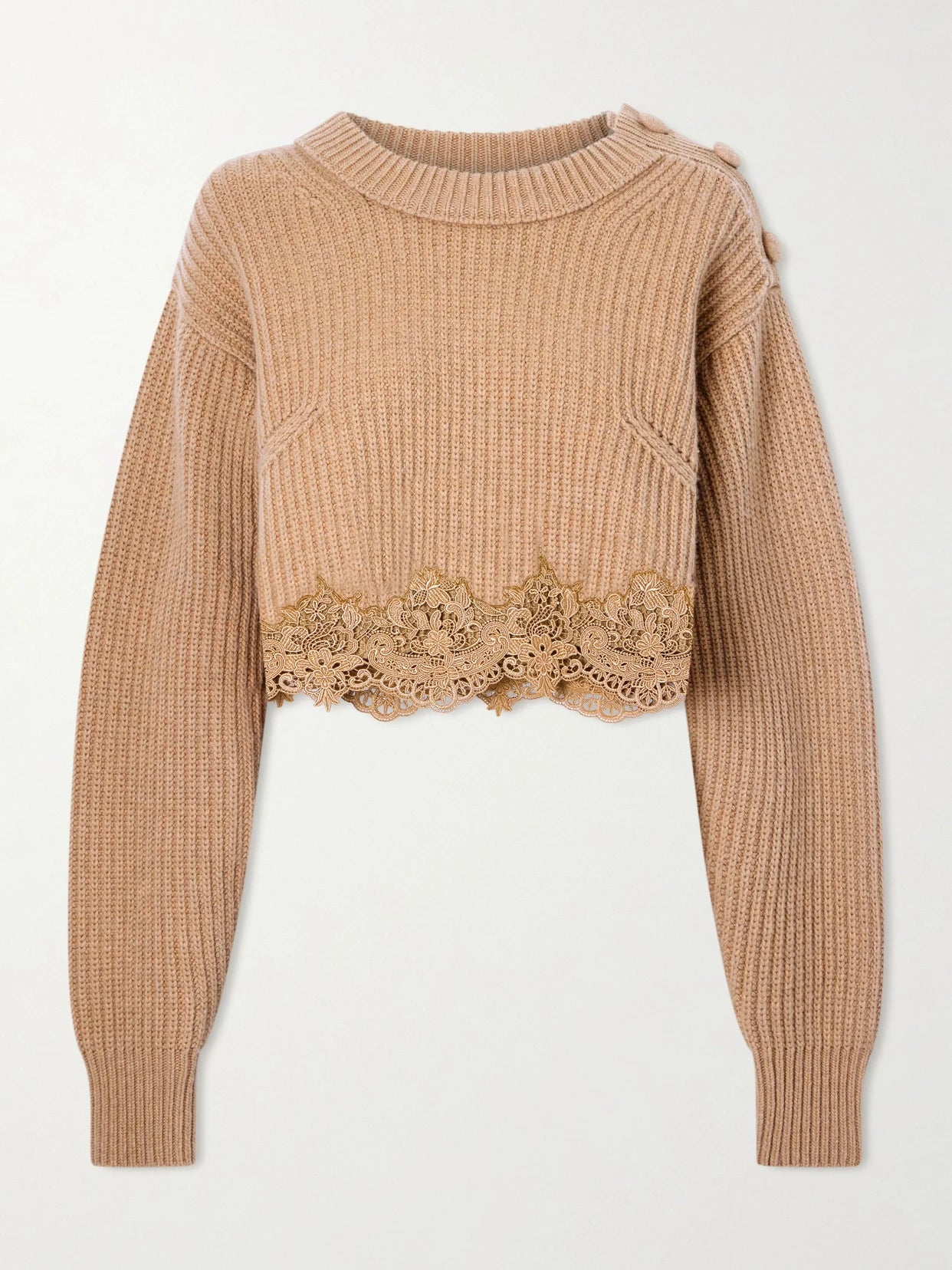 Image of a model wearing Outerwear. Product name - Lace-trimmed Wool And Cashmere-blend Sweater in Brown colour by brand - Chloé