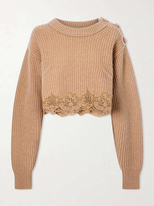 Image of a model wearing Outerwear. Product name - Lace-trimmed Wool And Cashmere-blend Sweater in Brown colour by brand - Chloé