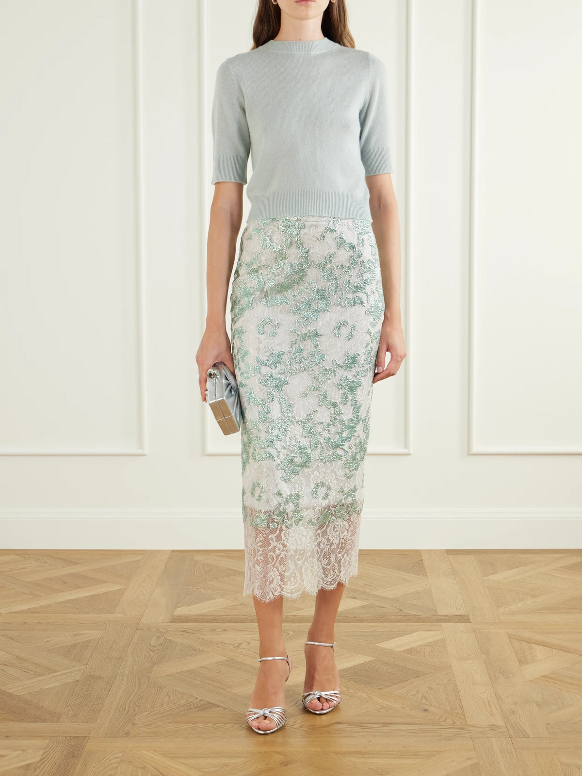 Image of a model wearing Skirts. Product name - Tamlin Sequin-embellished Lace Midi Skirt in Green colour by brand - Costarellos