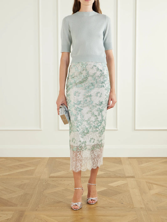 Image of a model wearing Skirts. Product name - Tamlin Sequin-embellished Lace Midi Skirt in Green colour by brand - Costarellos