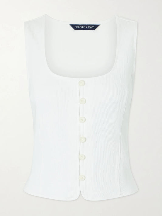 Image of a model wearing Tops. Product name - Quenby Ribbed Cotton-blend Tank Top in White colour by brand - Veronica Beard