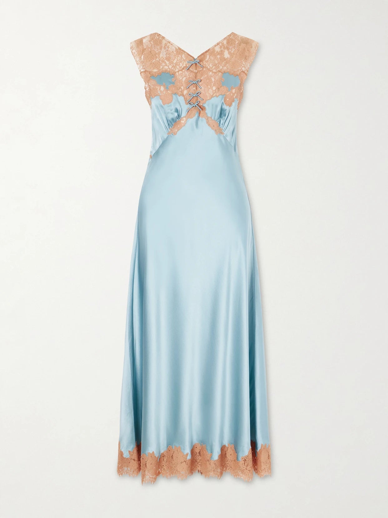 Image of Dresses. Product name - Marcelle Lace-trimmed Silk-satin Midi Dress in Blue colour by brand - DÔEN