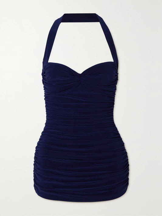 Image of Swimwear. Product name - Bill Mio Ruched Halterneck Swimsuit in Navy colour by brand - Norma Kamali