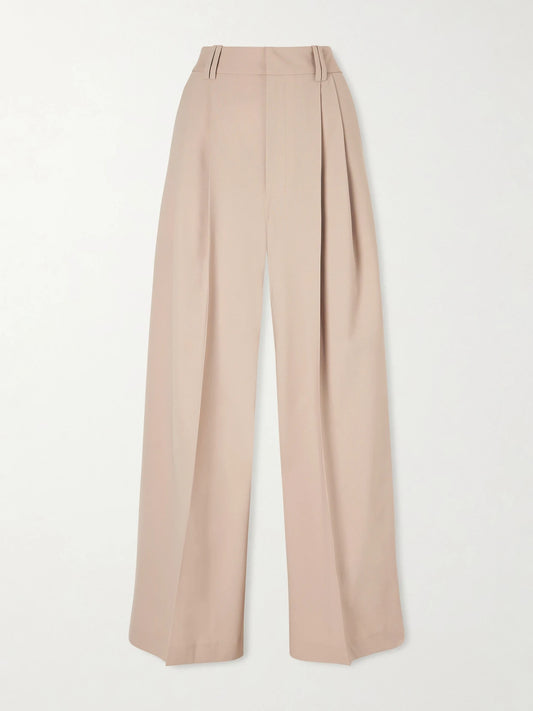 Image of a model wearing Pants. Product name - Fatima Pleated Wool-blend Wide-leg Pants in Beige colour by brand - KALLMEYER