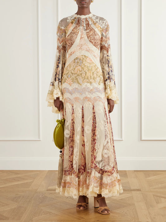 Image of Dresses. Product name - Valiant Paneled Printed Lace-trimmed Chiffon Maxi Dress in Cream colour by brand - Zimmermann