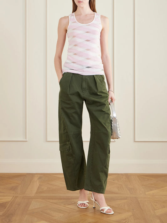 Image of a model wearing Tops. Product name - Striped Mesh-paneled Cotton-blend Tank Top in Pink colour by brand - Stella McCartney