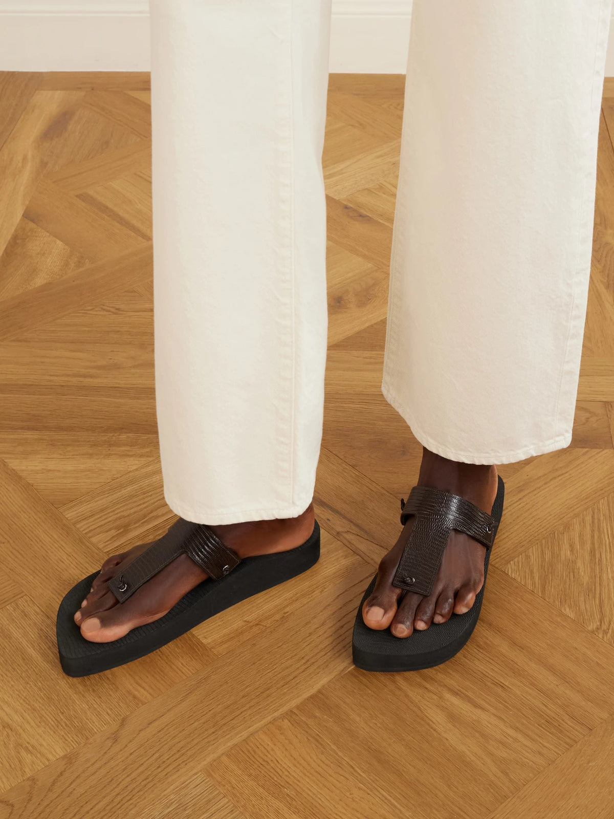 Edge Lizard-effect Leather Flip Flops