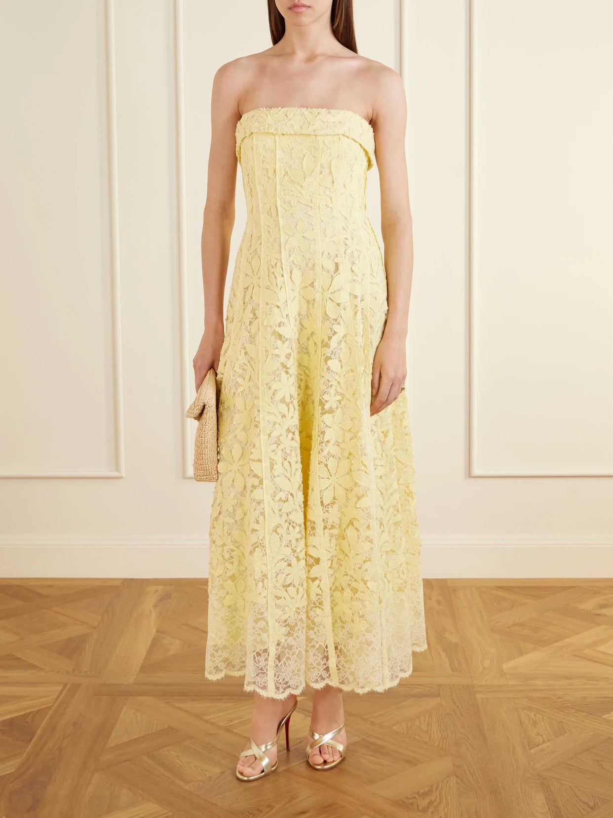Image of Dresses. Product name - Imogen Cotton-lace Midi Dress in Yellow colour by brand - SIMKHAI