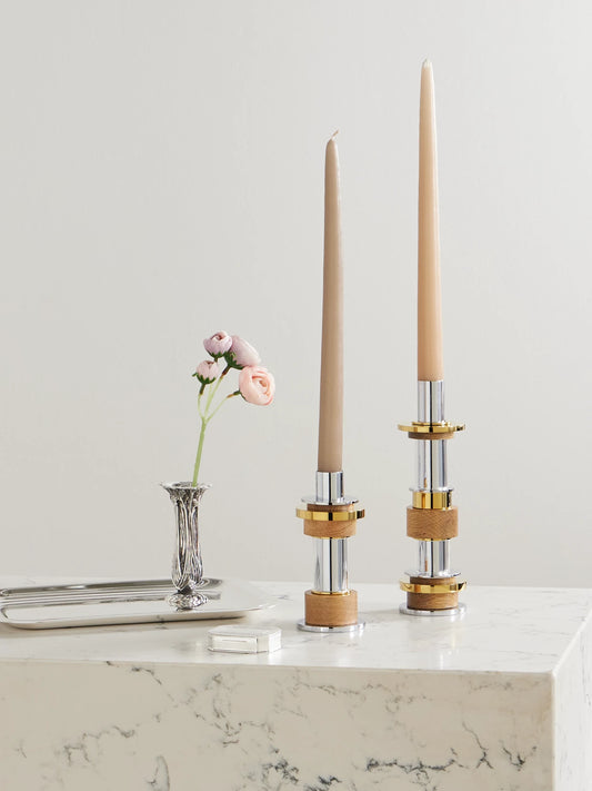 Image of Decor. Product name - Myriade Medium Stainless Steel, Gold-tone, Oak And Glass Candle Holder in Silver colour by brand - Christofle