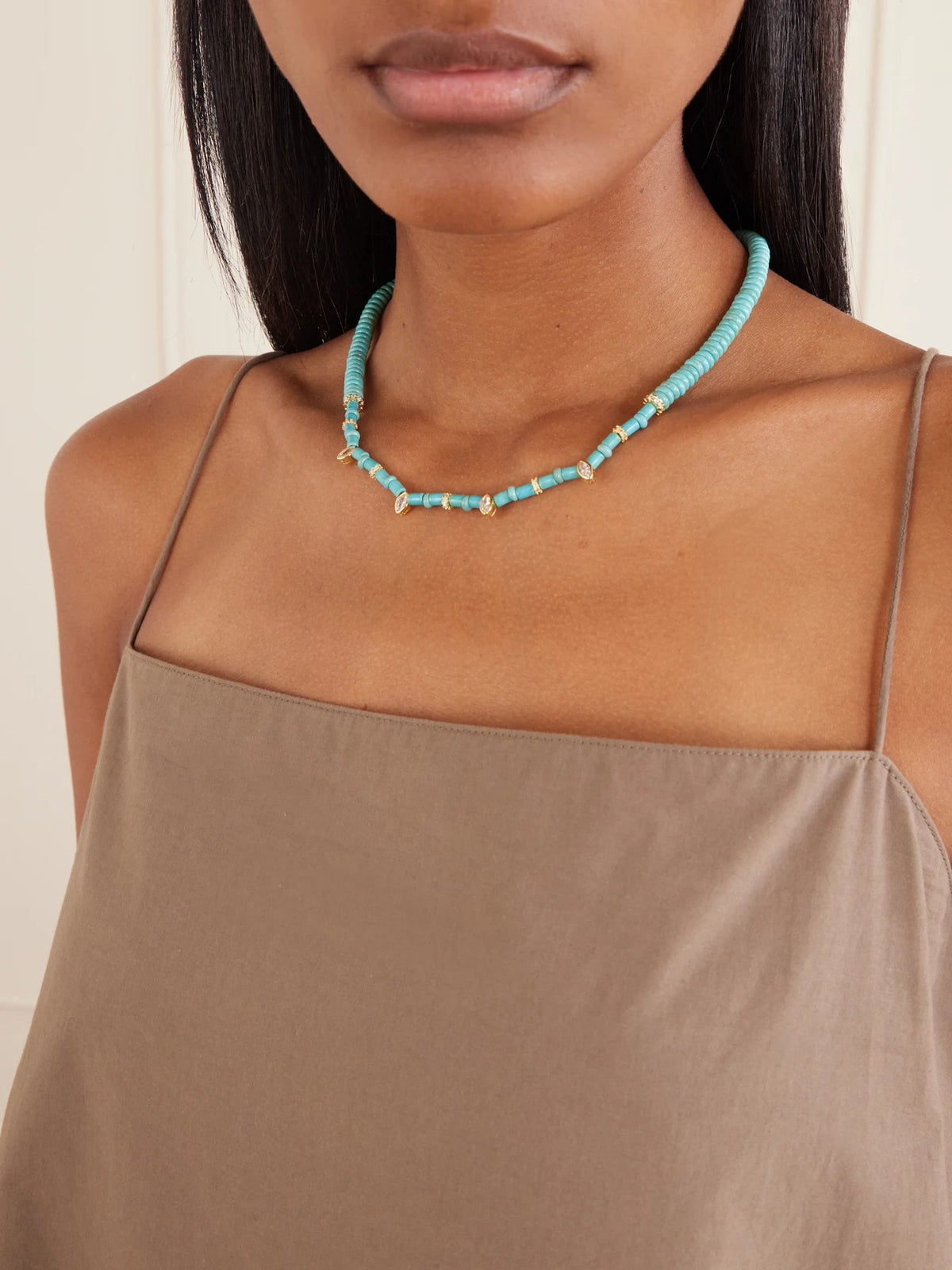 Image of Necklaces. Product name - Ella Turquoise And Crystals 14-karat Gold-plated Beaded Necklace in Multi colour by brand - Martha Calvo