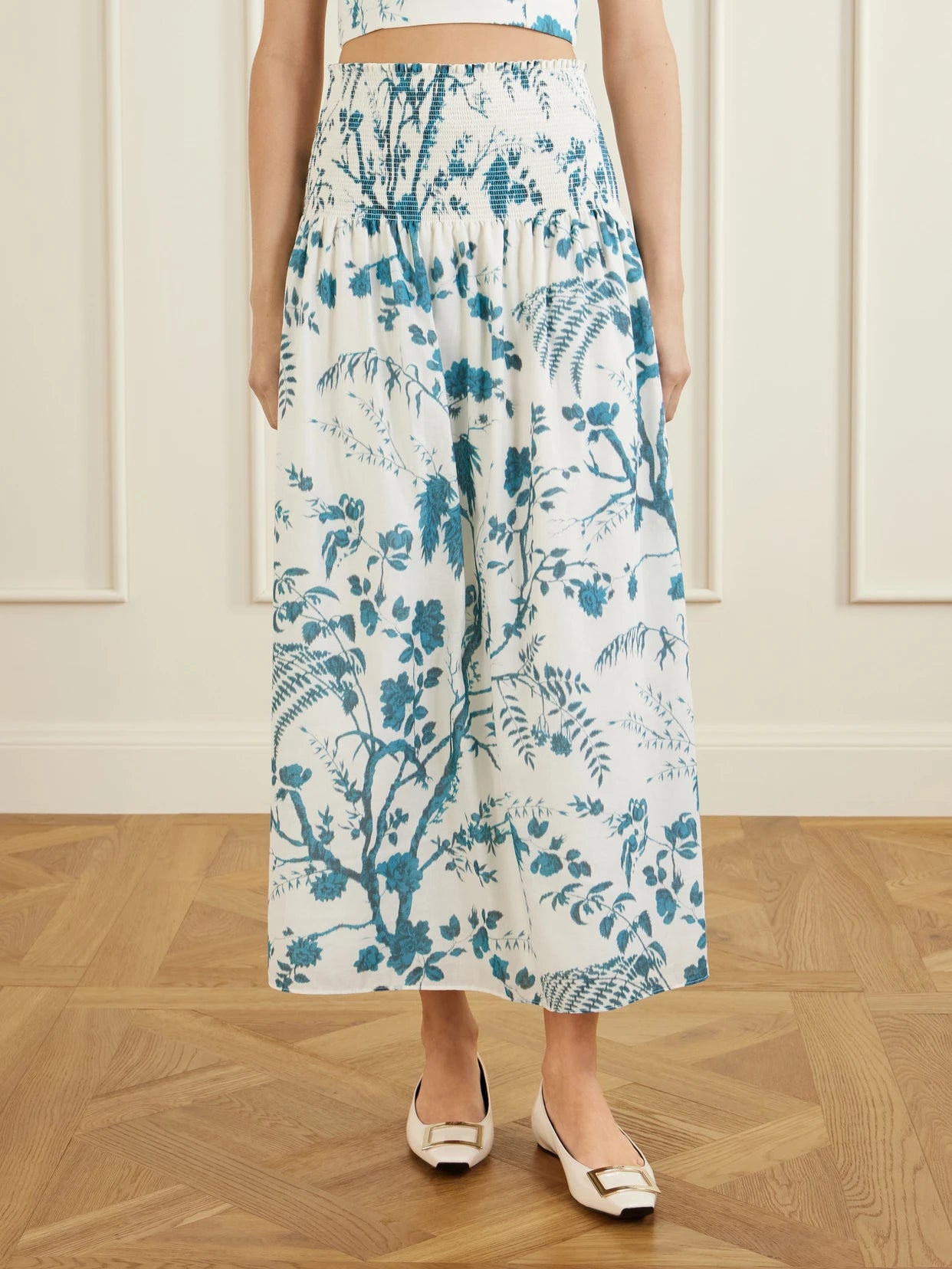 Shirred Floral-print Cotton And Linen-blend Midi Skirt