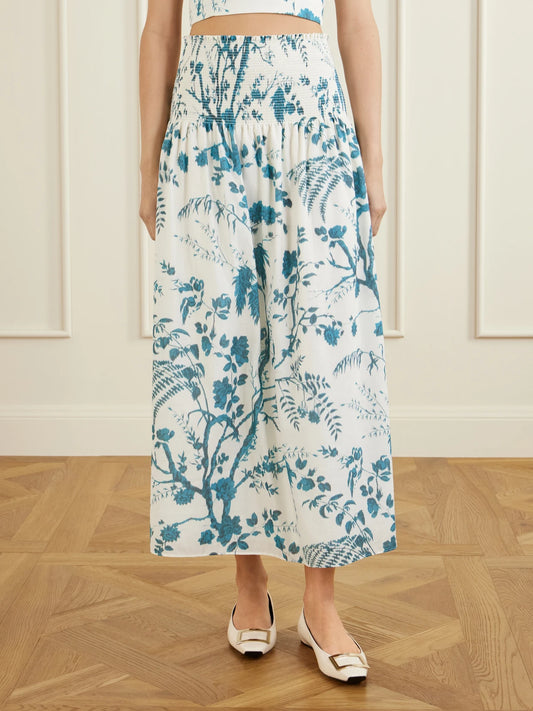 Shirred Floral-print Cotton And Linen-blend Midi Skirt