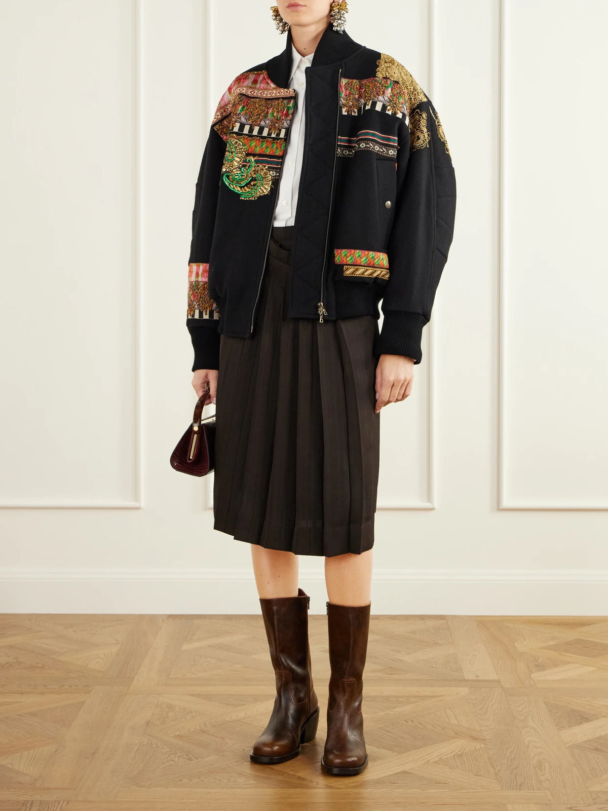 Image of Coats & Jackets. Product name - Embroidered Embellished Rib-trimmed Wool-blend Twill Bomber Jacket in Multi colour by brand - Dries Van Noten