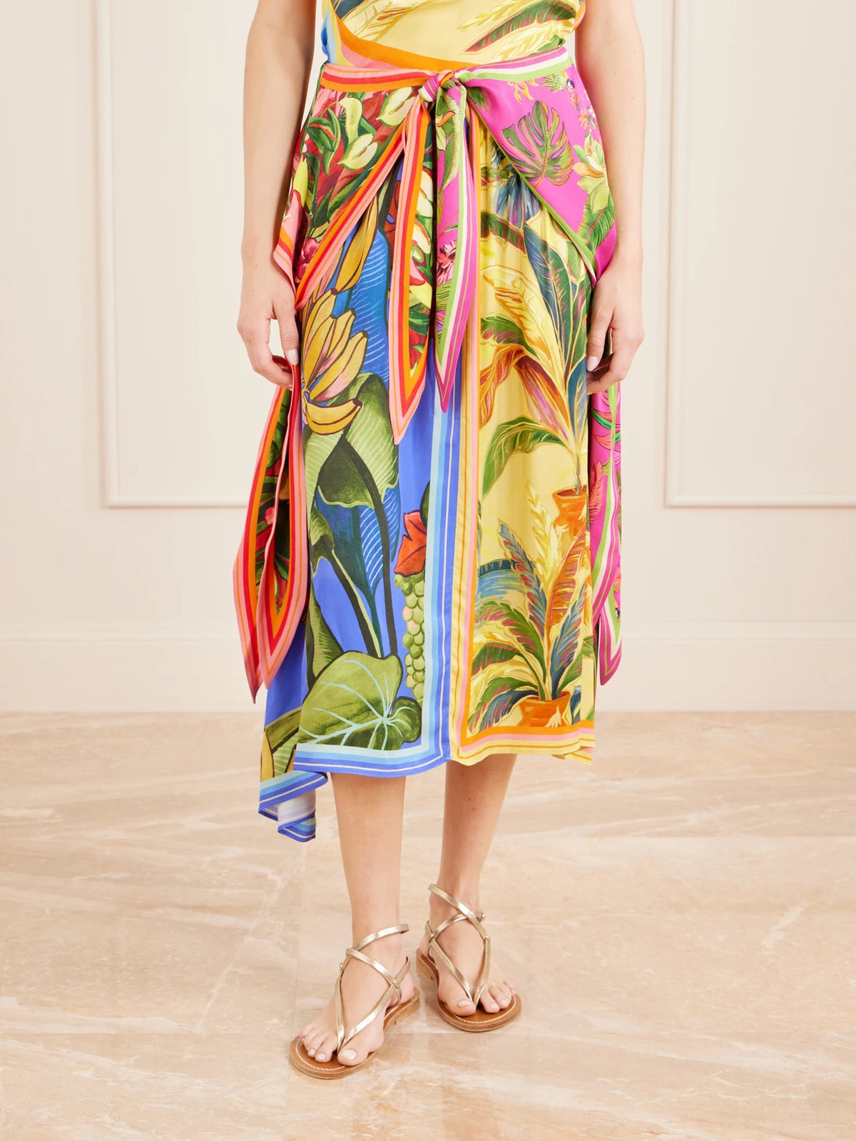 Farm Rio Rainbow Summer Printed Satin Midi Skirt