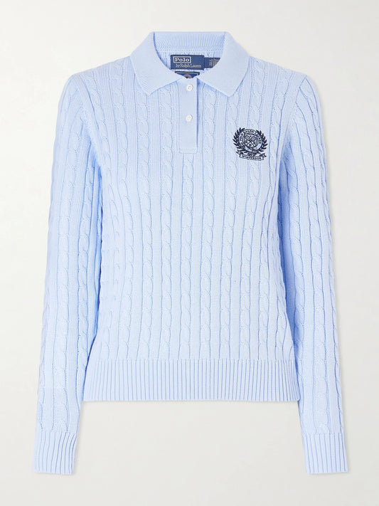 Image of a model wearing Outerwear. Product name - + Wimbledon Logo-embroidered Cable-knit Cotton Polo Shirt in Blue colour by brand - Polo Ralph Lauren