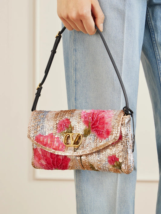 Devain Leather-trimmed Sequined Shoulder Bag