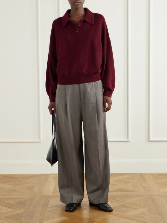 Image of a model wearing Outerwear. Product name - Etta Cashmere Polo Sweater in Burgundy colour by brand - LISA YANG