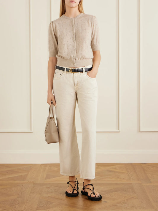 Image of a model wearing Outerwear. Product name - Raina Pointelle-knit Wool And Cashmere-blend Cardigan in Taupe colour by brand - Citizens of Humanity