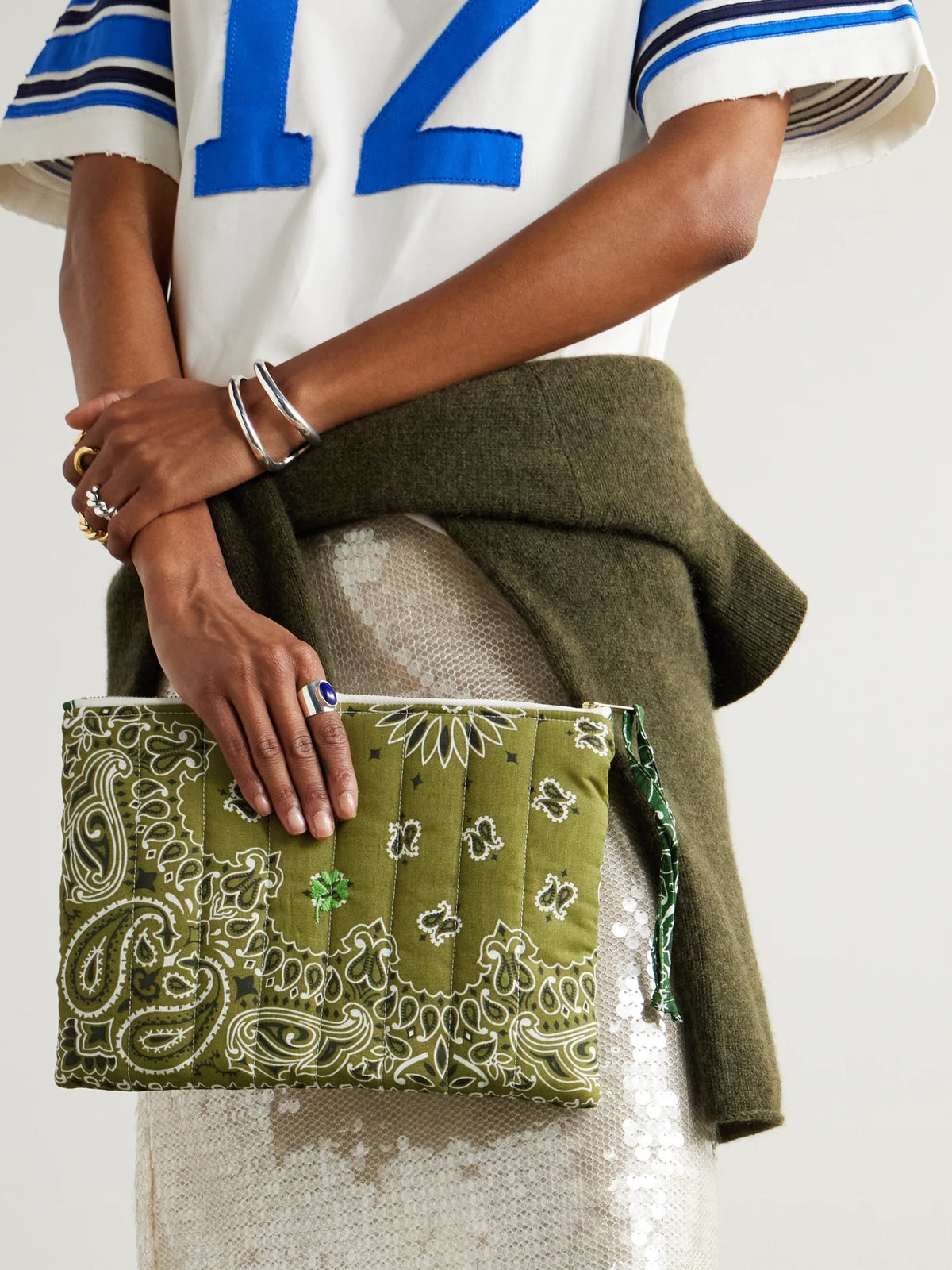 Image of Wallets & Money Clips. Product name - Bandana-print Quilted Cotton Pouch in Army green colour by brand - CALL IT BY YOUR NAME