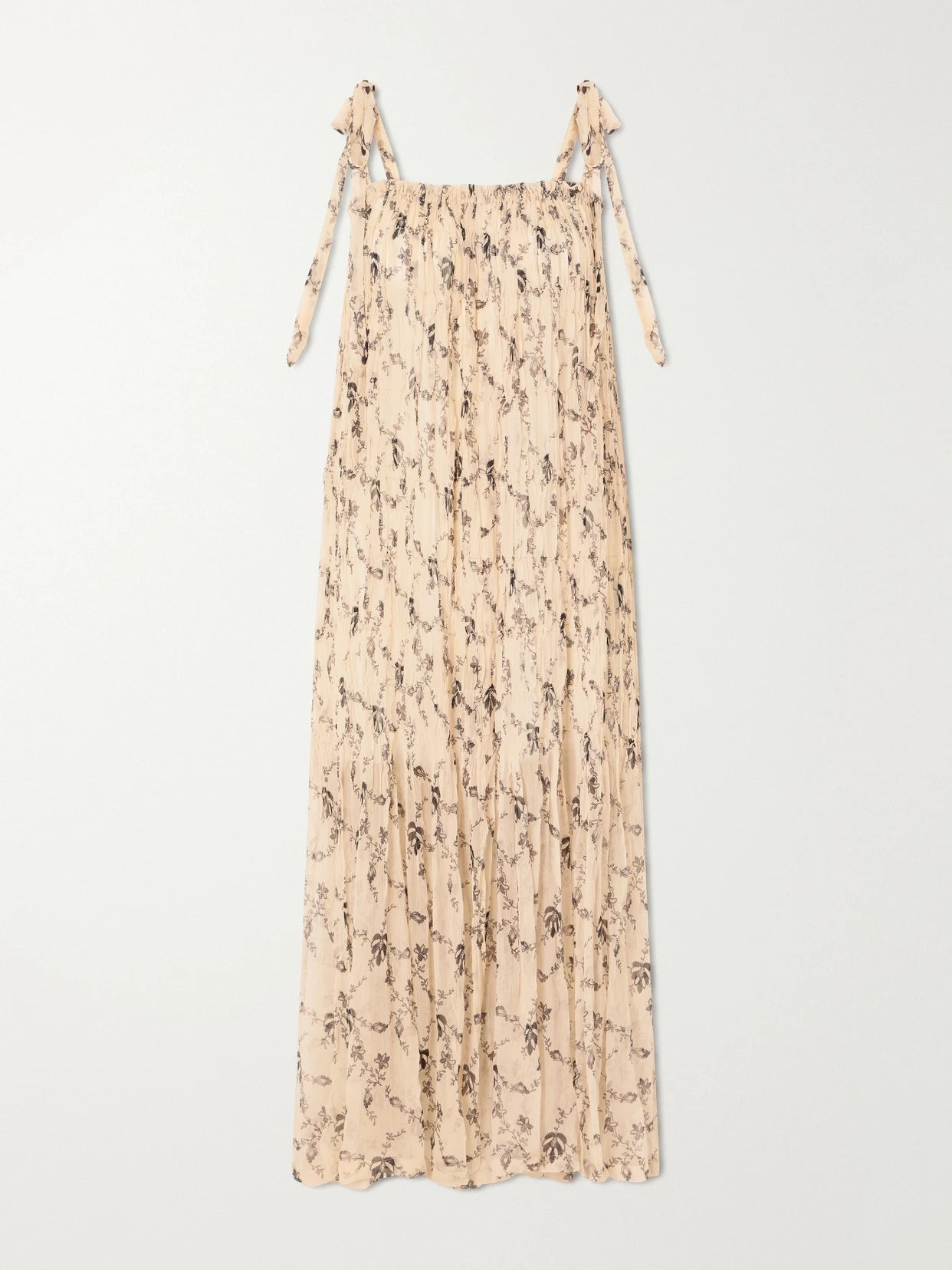Image of Dresses. Product name - Emrys Shadow Floral-print Gathered Midi Dress in Off-white colour by brand - ALIX OF BOHEMIA