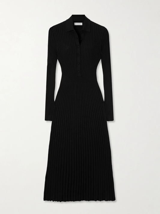 Image of Dresses. Product name - Ardor Ribbed Cashmere And Silk-blend Midi Dress in Black colour by brand - Gabriela Hearst