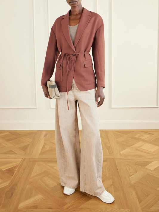 Image of Coats & Jackets. Product name - Embellished Belted Twill Wrap Jacket in Red colour by brand - Brunello Cucinelli