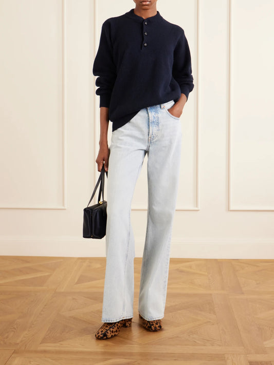 Image of a model wearing Outerwear. Product name - Highland Dorset Ribbed-knit Wool And Cashmere-blend Sweater in Navy colour by brand - BLAZÉ Milano