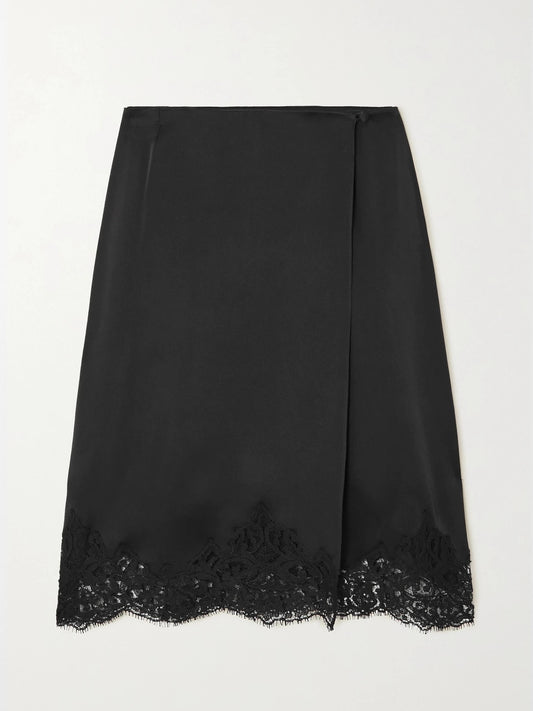 Image of a model wearing Skirts. Product name - Wrap-effect Lace-trimmed Satin Skirt in Black colour by brand - Stella McCartney