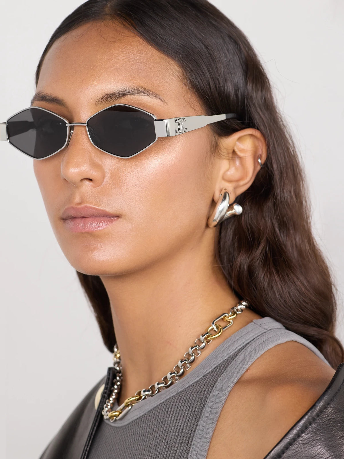 Image of Sunglasses. Product name - Triomphe Hexagon-frame Silver-tone Sunglasses in Multi colour by brand - CELINE Eyewear