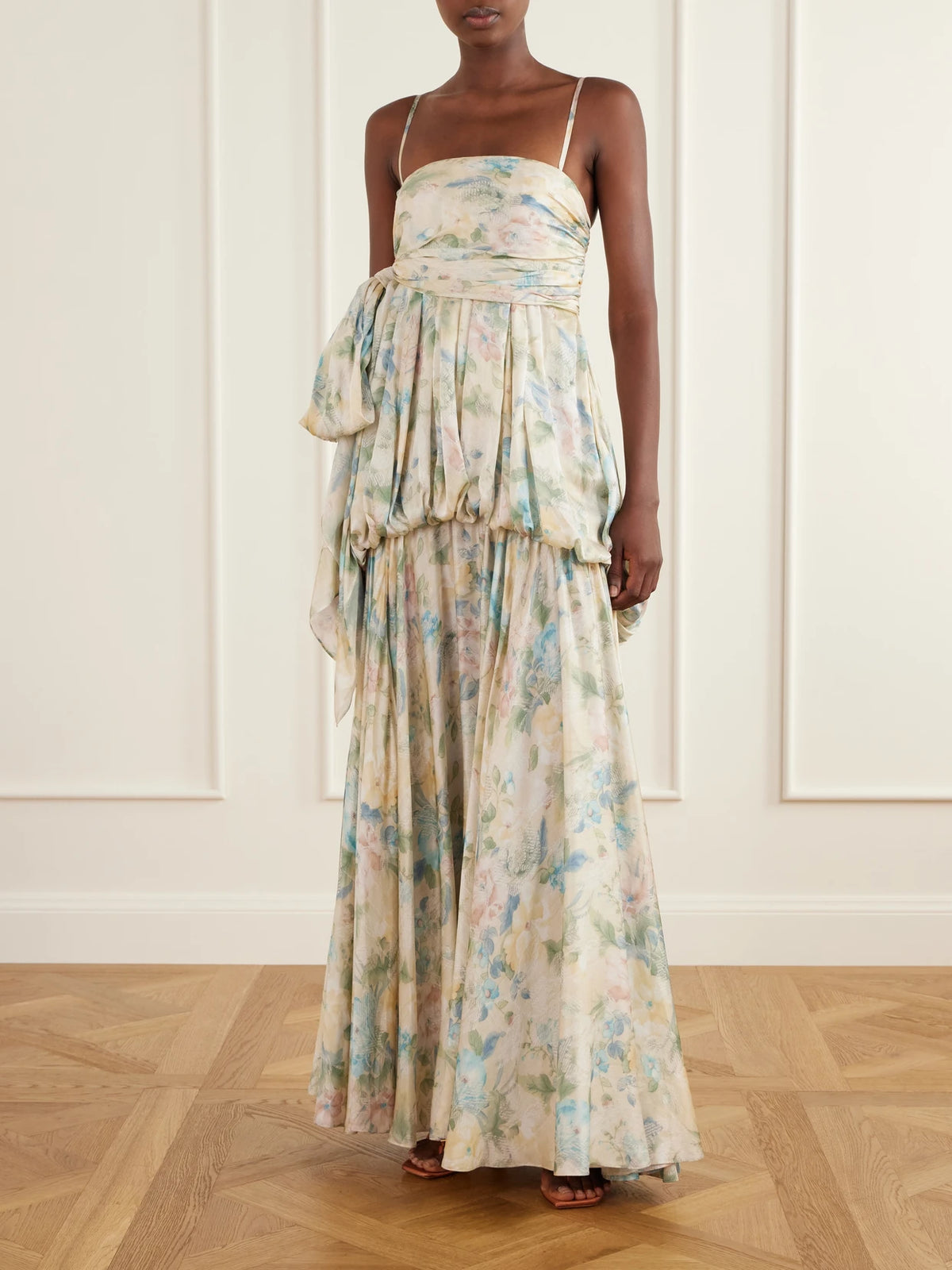 Image of Dresses. Product name - Clash Billow Cut-out Floral-print Silk-satin Maxi Dress in Multi colour by brand - Zimmermann
