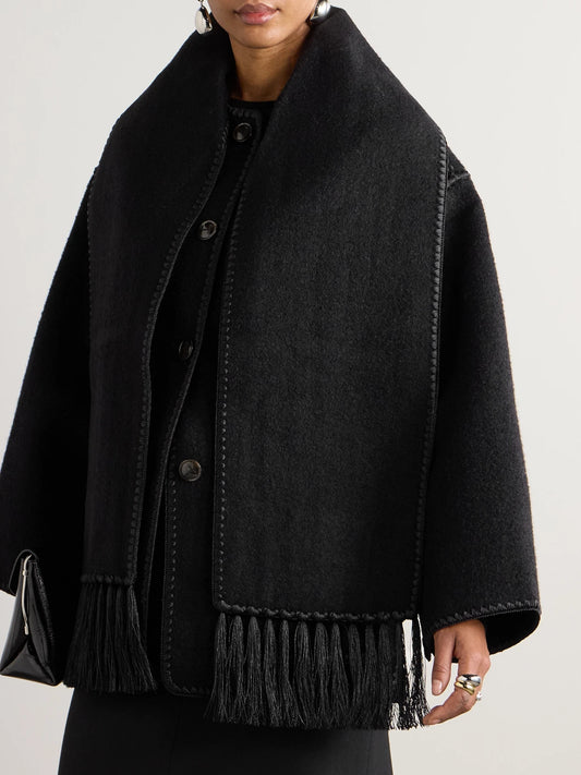 Draped Fringed Wool-blend Jacket